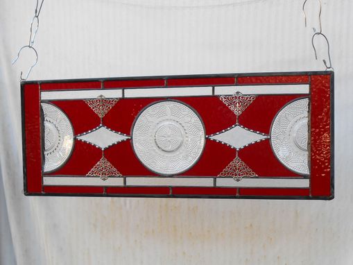 Custom Made Depression Glass Plate Valance, Antique Stained Glass Transom Window, Federal Glass Heritage Pattern