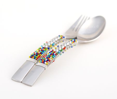 Custom Made Personalized Childrens Spoon And Fork Set Hand Beaded Choose Your Colors