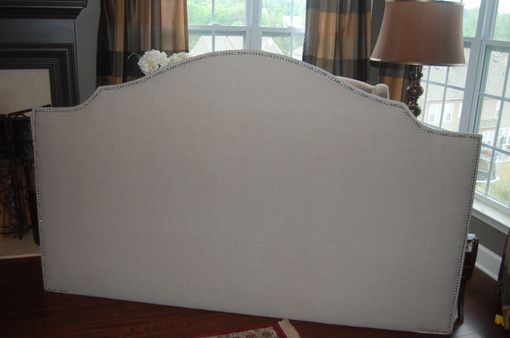 Custom Made Notched Upholstered Headboard, Natural Linen, Silver Nickel Nail Head