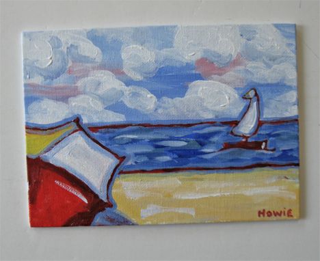 Custom Made Impressionist Original Acrylic Beach Painting, 7" X 5", Sailboat, Umbrella