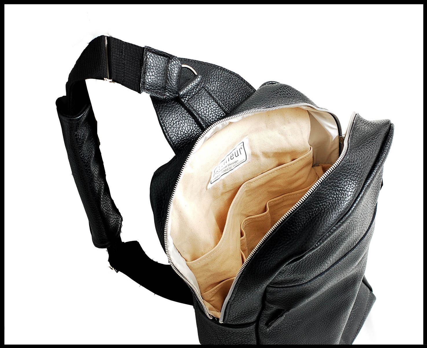 Custom Made Black Leather Sling Bag by Sizzlestrapz