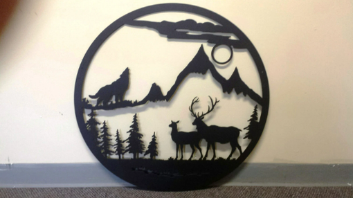Custom Made Custom Metal Round Welcome Sign With Elk And Wolf Silhouette