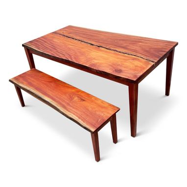 Custom Made Live Edge Wood Table - Mid Century Modern - Live Edge African Mahogany Table And Bench