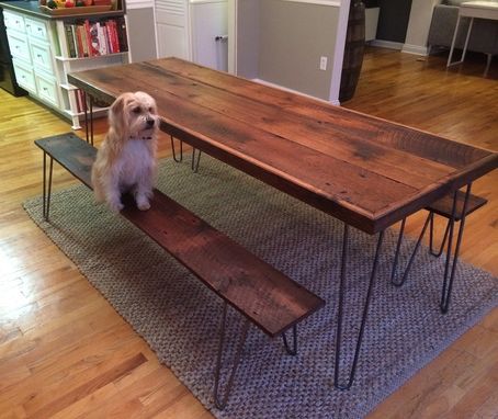 Custom Made Dining Table And Benches Reclaimed  White Oak With Hairpin Legs