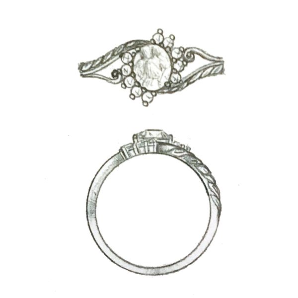 Design sketch for a unique split sunburst halo engagement ring.