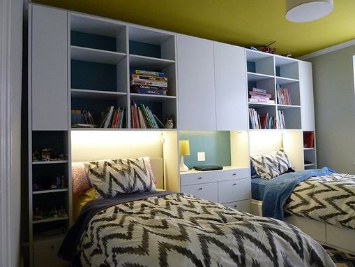 Custom Made Modular Wall Unit With Twin Beds Lighting And Desk Top.