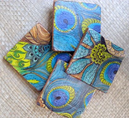 Custom Made Tile Peacock Coasters Handmade-Set Of 4 Blue Green Brown By Devikasart