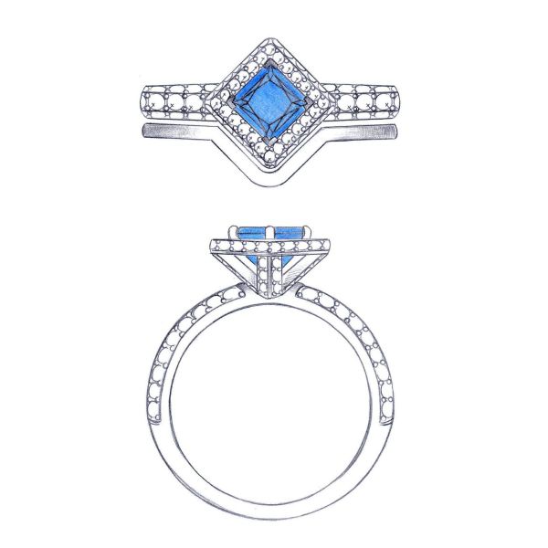 Diamonds surround a princess cut sapphire in a hidden halo in this engagement ring.