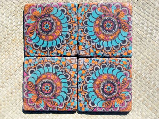 Custom Made Handmade Coasters With Original Artwork-Set Of 4 Turquoise Orange Magenta