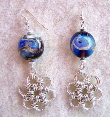 Custom Made Handmade Lentil Lampwork Beads Silver Plated Chainmaille Earrings Blues, Greens, Violets, And Golds