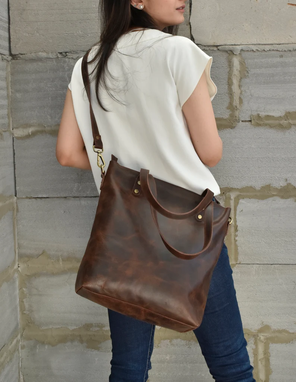 Custom Made Brown Leather Tote Bag For Woman Leather Purse Anniversary Gift