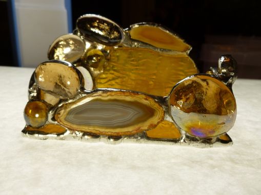 Custom Made Amber Brown Stained Glass Business Card Holder With Agate Geode