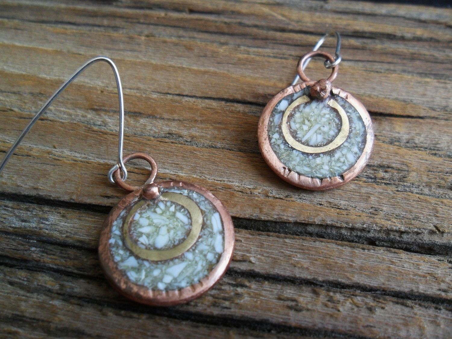 Hand Made Brass And Copper Earrings With Ivory Inlay by MadiJAXmetal