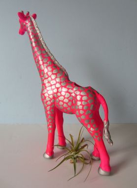 Custom Made Upcycled Toy Planter - Giant Neon Pink Giraffe With Silver Spots And Air Plant