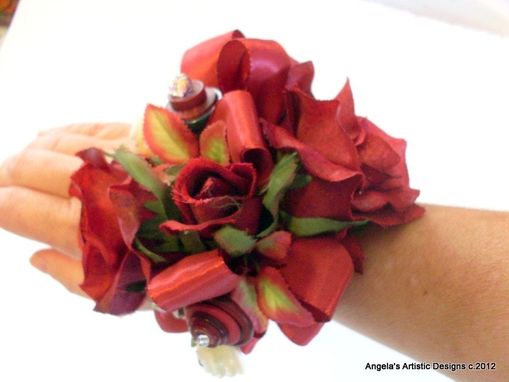 Custom Made Burgundy Flowers And Buttons Wrist Corsage