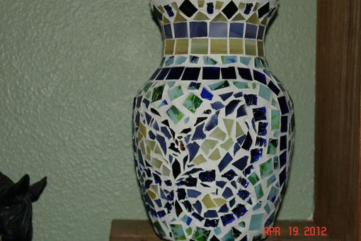 Custom Made Stained Glass Mosaic Vase Candle Holder - Springtime In Blues, Greens, Purple & Yellow