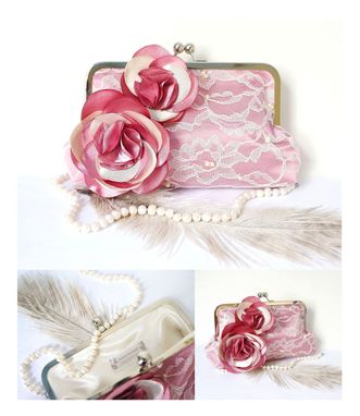 Custom Made Old Rose Clutch Purse With Pearls And Crystal Beads