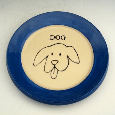Custom Made Small Pottery Plate With Dog In Blue