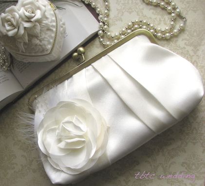 Custom Made Ivory Bridal Clutch Purse With Handmade Flower Or Feathers