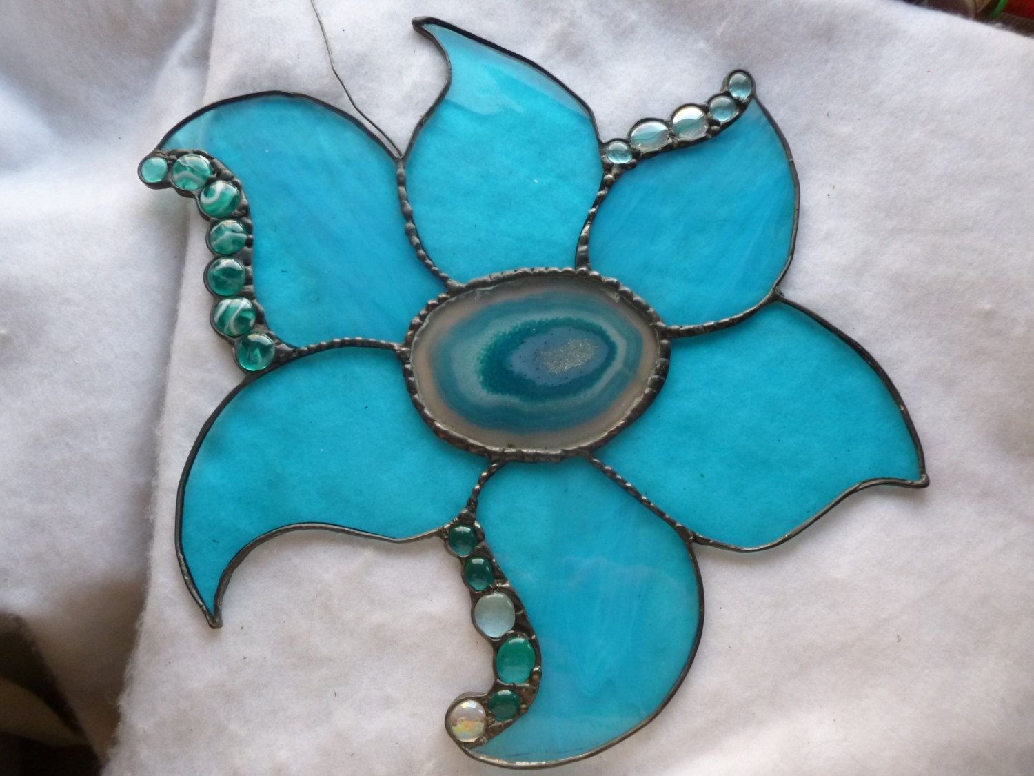 Custom Made Brazilian Agate Turquoise Flower Stained Glass Art by Glass