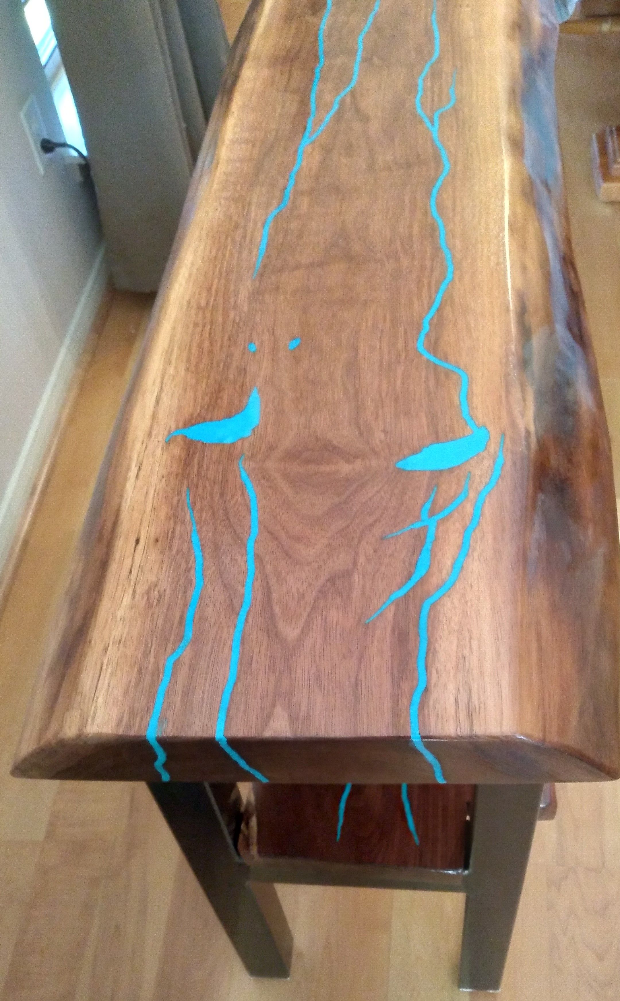 Hand Crafted Live Edge Walnut Slab Entry Table With Turquoise Inlay (With Shelf) by Texas