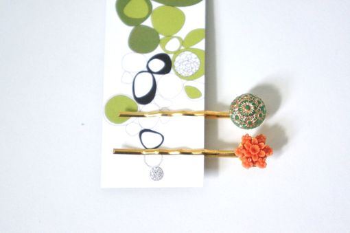 Custom Made Bridesmaid And Flower Girl Gift -Ornate Orange And Green Duo Hair Pins
