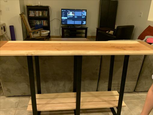 Custom Made Cherry And Maple Sofa Table With Industrial Steel Legs And Maple Shelving