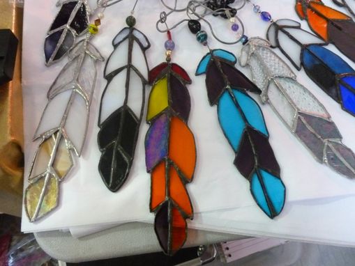 Custom Made Multicolored Stained Glass Eagle Feather With Beads Or Crystals