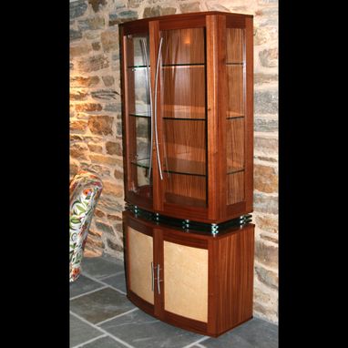 Custom Made China Cabinet Art Deco Style, Modern Display Cabinet, Quilted Maple, Curved Front