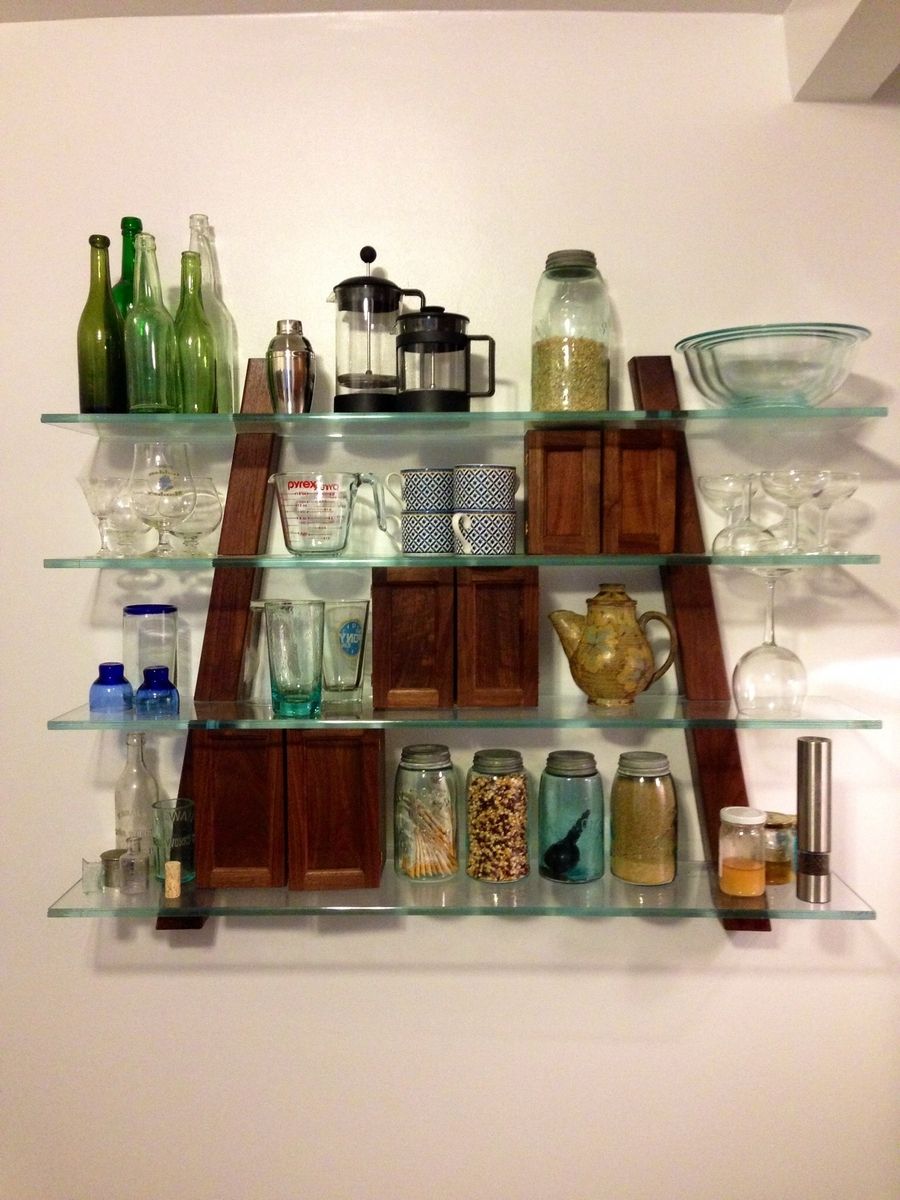 Custom Kitchen Shelving In Walnut And Antique Glass by Klaus Woodworks