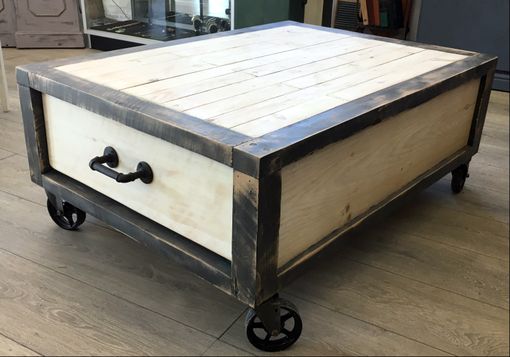 Custom Made Large Rustic Industrial Coffee / Cocktail Table W/ Drawers On Cast Iron Casters / Wheels