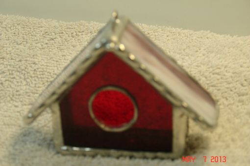 Custom Made Empty Nest Bird House Ornament In Classic Red With Creamy Pink Swirled Roof