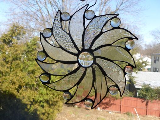 Custom Made Moon Face And Sun Rays Clear Glass Art