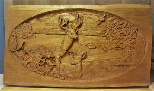 Custom Made Whitetail Deer On Lake Shore High Relief Carving In Sassafras