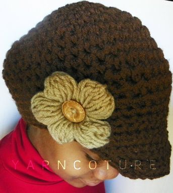 Custom Made The Puff Flower Brimmed Beanie - In Chocolate Brown