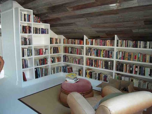 Custom Made Custom Built-In Bookcases And Old Barn Wood Ceiling