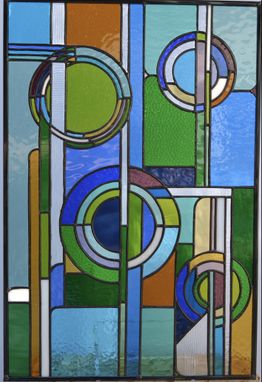 Custom Made #21-05 1920’S Art Deco Jewel Tone Geometric Stained Glass Panel