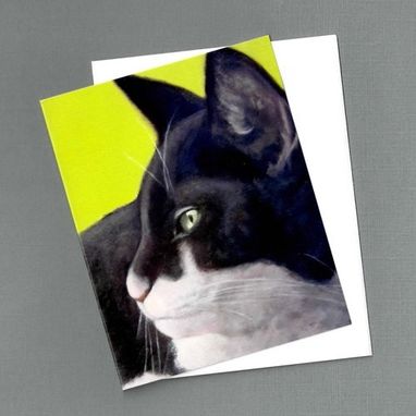 Custom Made Black & White Cat Note Cards - 4 Pack - Green Eyed Cat On Lime - Cat Painting Art Cards