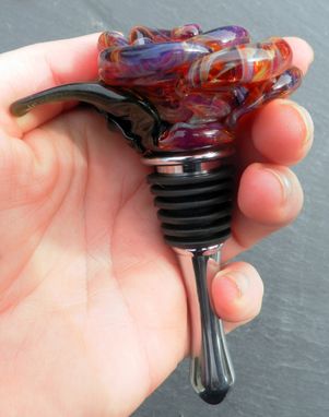 Custom Made Stainless Steel Bottle Stopper With Hand-Blown Purple And Amber Glass Rose
