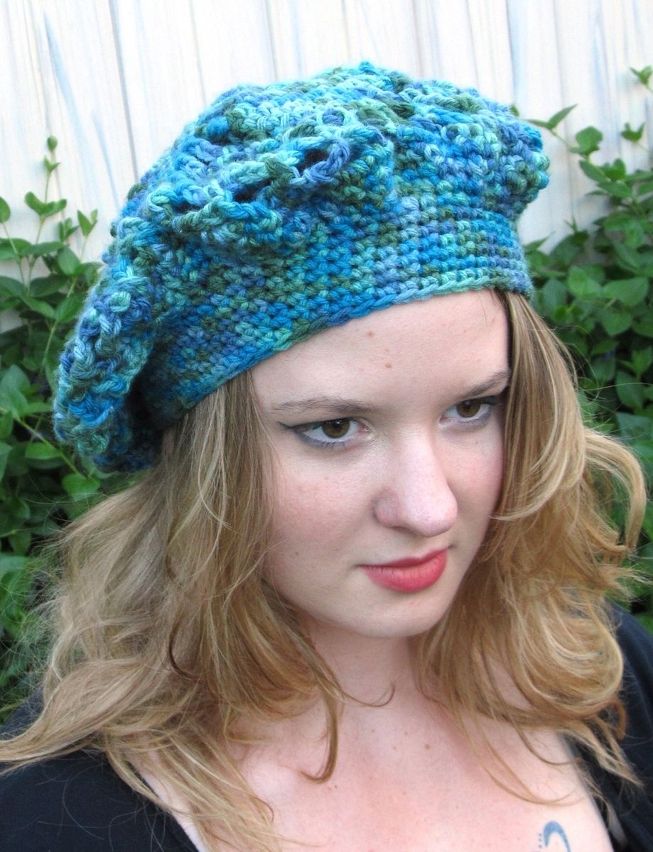 Handmade Beret Hat, Teal, Soft, Lacy Crochet, Washable by Rocks