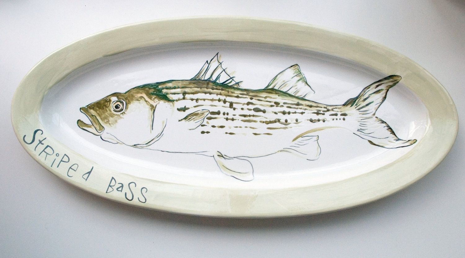 Hand Made Striped Bass Platter - Green Fish - Serving Tray - Wall