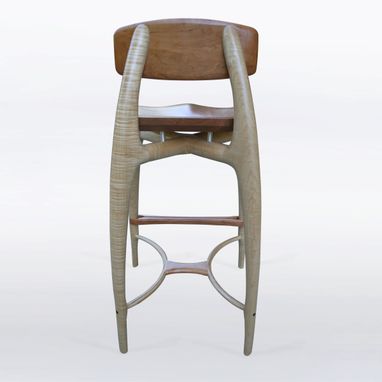 Custom Made Modern Wood Bar Stool, Counter Stool, Hand Carved Seat And Legs In Cherry And Curly Maple "Sea Ray