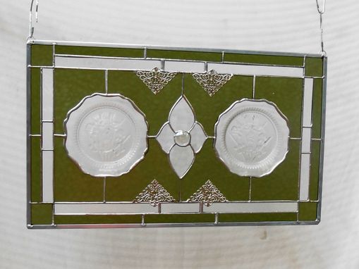 Custom Made Depression Glass Stained Glass Panel, 1930s Iris And Herringbone Plates