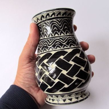 Custom Made Handmade Stoneware Vase With Celtic Knot And Wave Carved Pattern