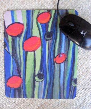 Custom Made Mousepad Poppies Artwork Mouse Pad With Original Art- Red Blue Green Black By Devikasart