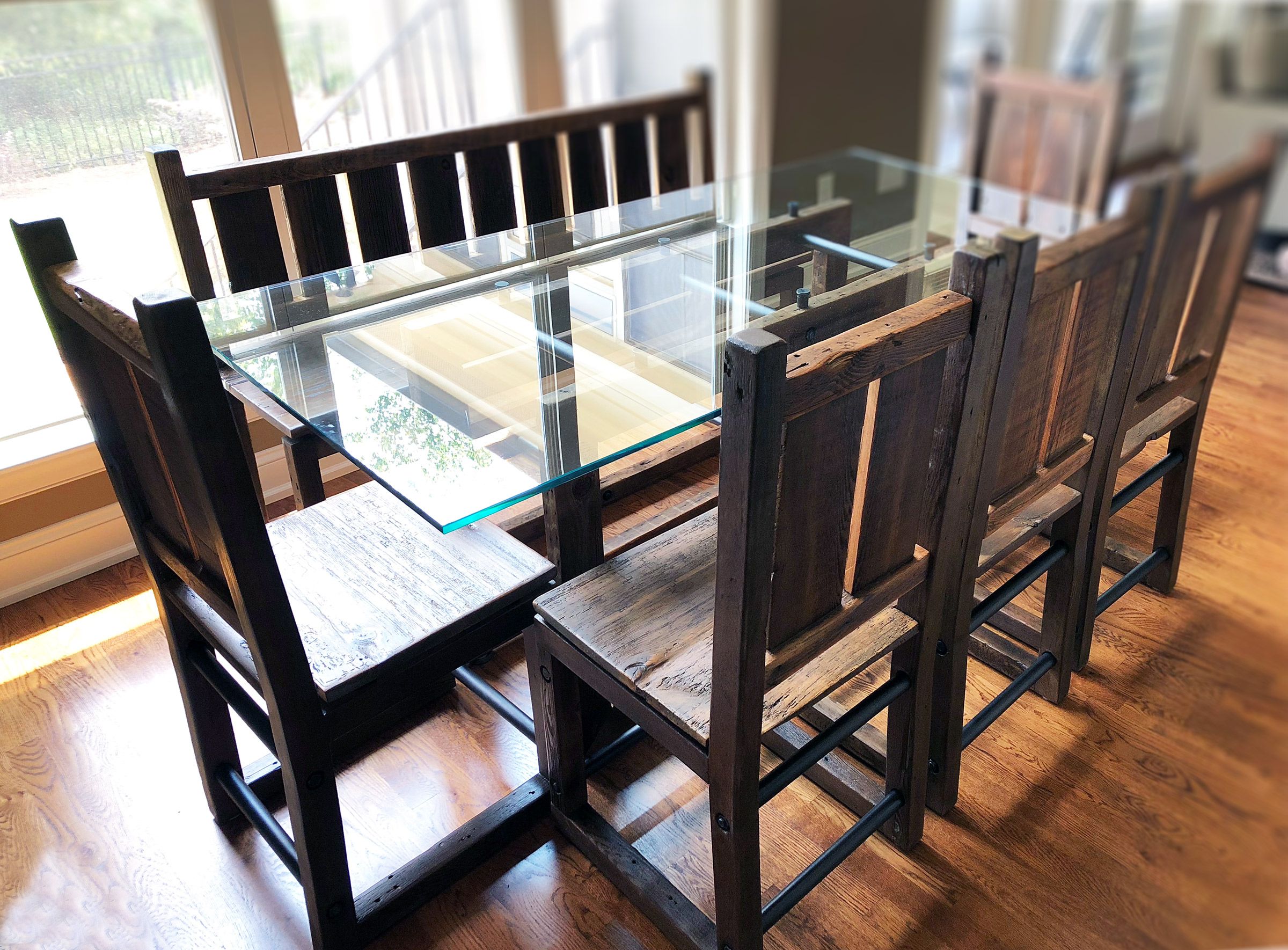 Hand Crafted Industrial Rustic Table Bench And Chairs Dining Set by Abodeacious