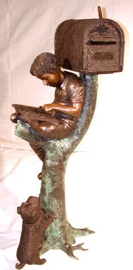 Custom Made Bronze Boy On Log W/ Dog Mailbox