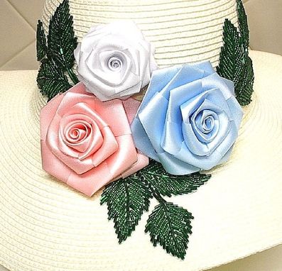 Custom Made Panama Hat With Ribbon Roses And Bead Leaf Appliques