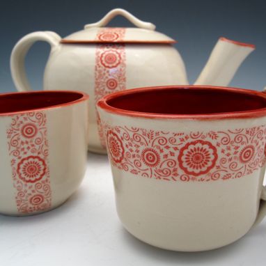 Custom Made White Pottery Tea Set With Red Flowers