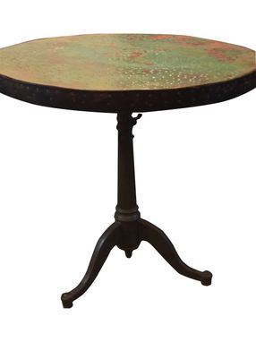 Custom Made Hand Hammered Copper Table, Vintage Reclaimed Cast Iron Base